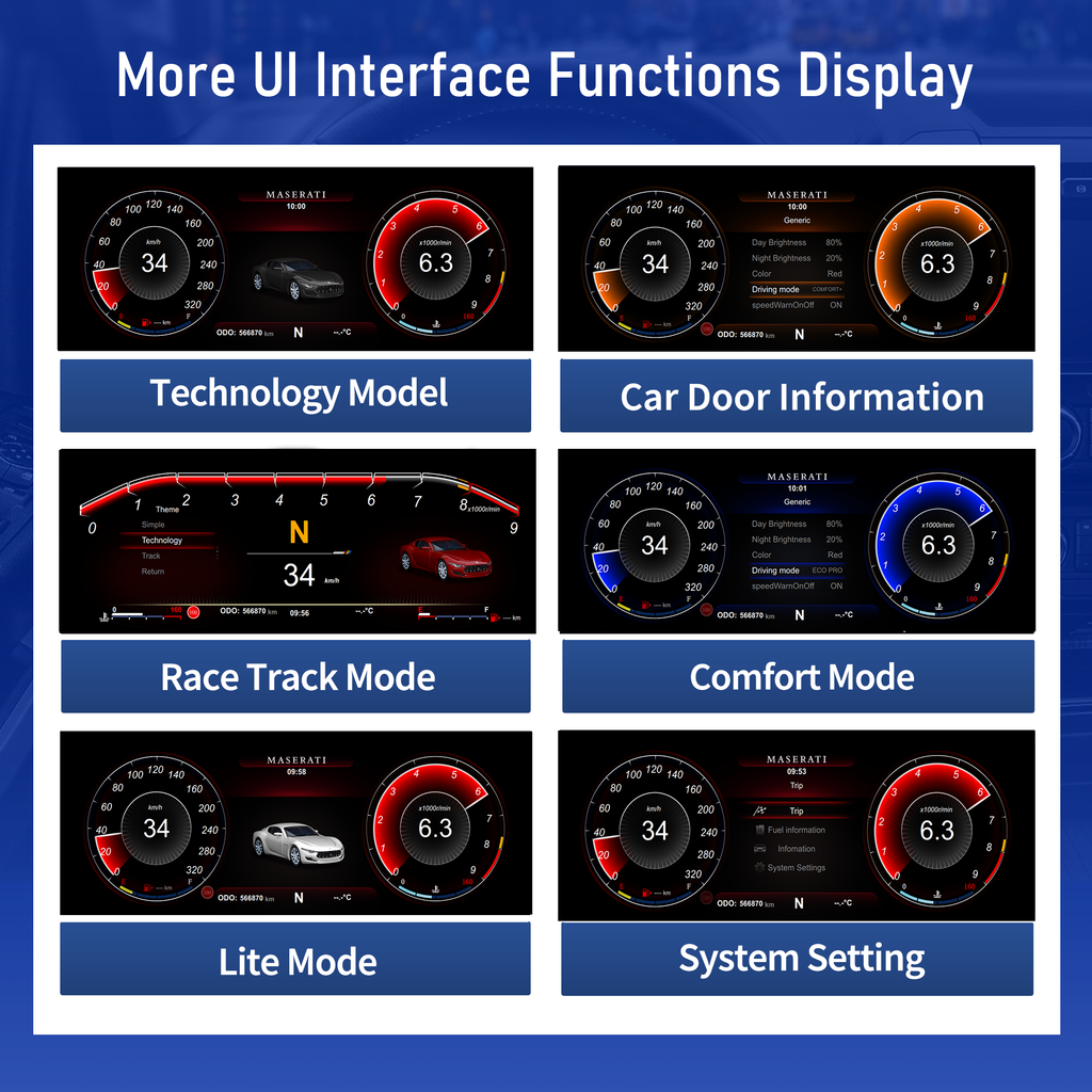 Viknav 12.3 Inch Digital Cluster Dashboard For Maserati Quattroporte 2013-2020 LCD Gauges Digital Instrument Full Screen Upgrade Automotive Replacement Speedometer Panel